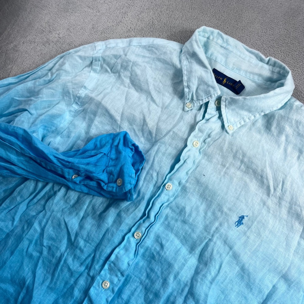Ralph Lauren Mens XXL Blue Ombre Linen Long Sleeve Button Down Shirt PONY Logo